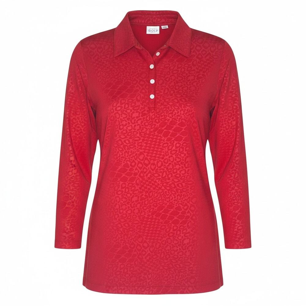 Chico's Zenergy Women's Sz 2 / L Golf Polo Shirt Red Cheetah Print Athleisure